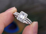 1.7ct Engagement Ring Emerald Cut Diamond Halo Bridal Set 14k White Gold Finish