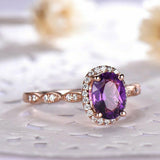 1.5ct Oval Cut Purple Amethyst Engagement Ring Diamond Halo 14k Rose Gold Finish