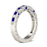 3Ct Princess Cut Blue Sapphire Milgrain Vintage Wedding Band 14K White Gold Over
