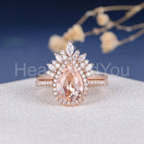2.2ct Pear Cut Simulated Morganite Curved Halo Bridal Set 14k Rose Gold Plated