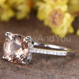 1ct Cushion Cut Simulated Peach Morganite Hidden Halo Ring 14k Rose Gold Plated