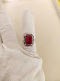 2.1ct Engagement Ring Emerald Cut Pink Ruby Tanzanite Halo 14k White Gold Finish