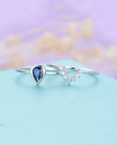 0.5ct Pear Cut Blue Sapphire Bezel Bridal Set Engagement Ring 14k WhiteGold Over