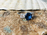 2.3ct Engagement Ring Round Cut Blue Sapphire Three Stone 14k White Gold Finish