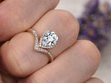 1ct Pear Cut Diamond Engagement Ring Halo Curved V Shaped 14k Rose Gold Finish