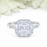 1.5ct Asscher Cut Diamond Engagement Ring Baguette Halo 14k White Gold Finish