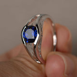 1ct Round Cut Blue Sapphire Split Shank Engagement Ring 14k White Gold Finish