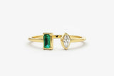 0.5ct Baguette Cut Green Emerald Two Stone Minimalist Ring 14k YellowGold Finish