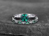 2.2ct Engagement Ring Cushion Cut Green Emerald Bridal Set 14k White Gold Finish