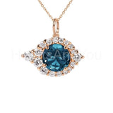2ct Round Simulated London Blue Topaz Halo Pendant Chain 14k Yellow Gold Plated