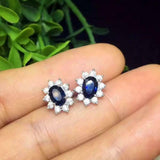 2ct Stud Earrings Oval Cut Blue Sapphire Diamond Floral Halo 14k White Gold Over