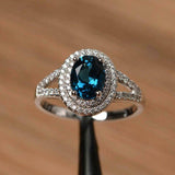 2.4ct Oval Cut Blue Sapphire Double Halo Engagement Ring 14k White Gold Finish