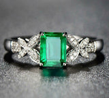 2.35ct Engagement Ring Green Emerald Cut leaf Accent 14k White Gold Finish