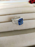 3ct Engagement Ring Emerald Cut Blue Sapphire Wide V Shank 14k White Gold Finish