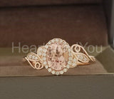 1ct Oval Cut Simulated Peach Morganite Floral Leaf Halo Ring 14k RoseGold Plated