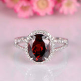 2.3ct Oval Cut Red Garnet Engagement Ring Halo Split Shank 14k White Gold Finish