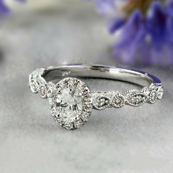 2Ct Oval Cut VVS1 Diamond Milgrain Vintage Engagement Ring 14K White Gold Finish
