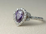 2ct Pear Cut Purple Amethyst Engagement Ring Halo Floral 14k White Gold Finish