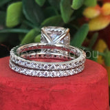 2ct Cushion Cut Simulated Diamond Bridal Set Full Eternity 14k White Gold Plated