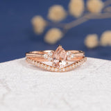 1.2ct Pear Cut Simulated Morganite Curved Band Bridal Set 14k Rose Gold Plated