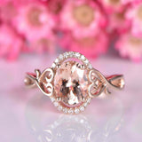 2.3ct Oval Cut Peach Morganite Stylish Halo Filigree Ring 14k Rose Gold Finish