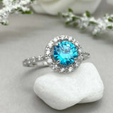 2.4ct Engagement Ring Round Cut Blue Topaz Diamond Halo 14k White Gold Finish