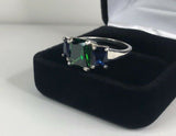 2.3ct Engagement Ring Radiant Cut Emerald Sapphire Trilogy 14k White Gold Finish