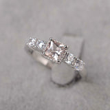 2ct Princess Cut Peach Morganite Five Stone Round Accent Ring 14k WhiteGold Over