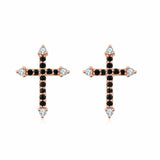 1ct Round Cut Black Diamond Cross Design Stud Earrings Women 14k RoseGold Finish