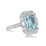 2.5ct Emerald Cut Blue Aquamarine Art Deco Engagement Ring 14k White Gold Finish