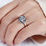 4Ct Round Cut Diamond Sapphire Floral Halo Engagement Ring 14K White Gold Finish