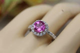 2.3ct Round Cut Pink Sapphire Engagement Ring Diamond Halo 14k White Gold Finish