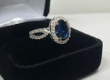 2.3ct Engagement Ring Oval Cut Blue Sapphire Split Shank Halo 14k WhiteGold Over