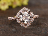 1ct Cushion Cut Morganite Solitaire Floral Engagement Ring 14k Rose Gold Finish