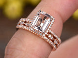 2ct Emerald Cut Morganite Trio Bridal Set Engagement Ring 14k Rose Gold Finish