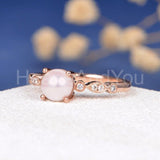 0.5ct Round Simulated Diamond Milgrain Pearl Engagement Ring 14k RoseGold Plated