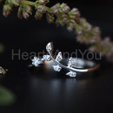 0.3ct Round Moissanite Vine Leaf Chevron Engagement Ring 14K White Gold Plated