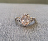 1.5Ct Oval Cut Peach Morganite Filigree Halo Engagement Ring 14K White Gold Over