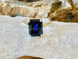 2.2ct Emerald Cut Simulated Blue Sapphire Solitaire Ring 14k White Gold Plated