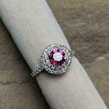 1.7ct Engagement Ring Round Cut Pink Ruby Dual Halo 14k White Gold Finish