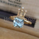 1.1ct Cushion Cut Simulated Aquamarine Royal Queen Castle Ring 14k Gold Plated