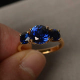 2.4ct Engagement Ring Round Cut Blue Sapphire Three Stone 14k Yellow Gold Finish