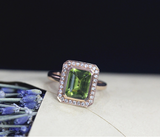 2ct Emerald Cut Green Peridot Engagement Ring 14k YellowGold Over Halo Solitaire