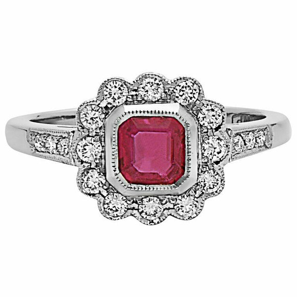 1.2ct Princess Cut Pink Ruby Engagement Ring Art Deco Halo 14k White Gold Finish