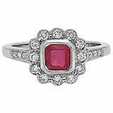 1.2ct Princess Cut Pink Ruby Engagement Ring Art Deco Halo 14k White Gold Finish
