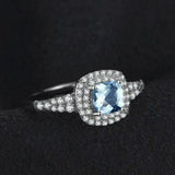 2.3ct Engagement Ring Cushion Cut Blue Aquamarine Dual Halo 14k WhiteGold Finish