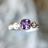 1.2ct Cushion Cut Purple Amethyst Engagement Ring Trilogy 14k White Gold Finish