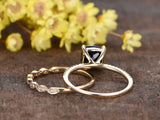 Cushion Cut Black Diamond Bridal Set Engagement Ring 14k Yellow Gold Finish
