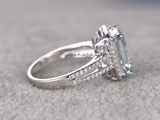 3ct Emerald Cut Blue Aquamarine Diamond Halo Split Shank Ring 14k WhiteGold Over