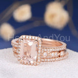 2.5ct Emerald Simulated Morganite Halo Anniversary Trio Set 14k Rose Gold Plated